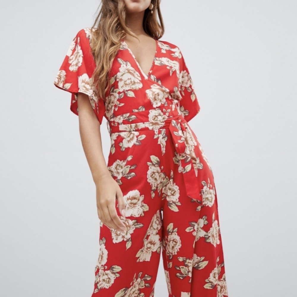Boohoo Red Floral Jumpsuit